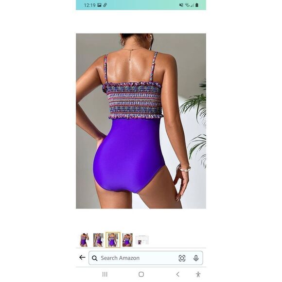 New Medium Modihito Purple Bandeau Ruffled Smocked 1pc Swimsuit Bathing Suit NWT - Picture 3 of 8
